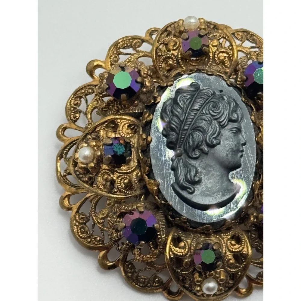 Vintage West Germany Cameo Brooch AB Rhinestone Faux‎ Pearl Filigree Brooch